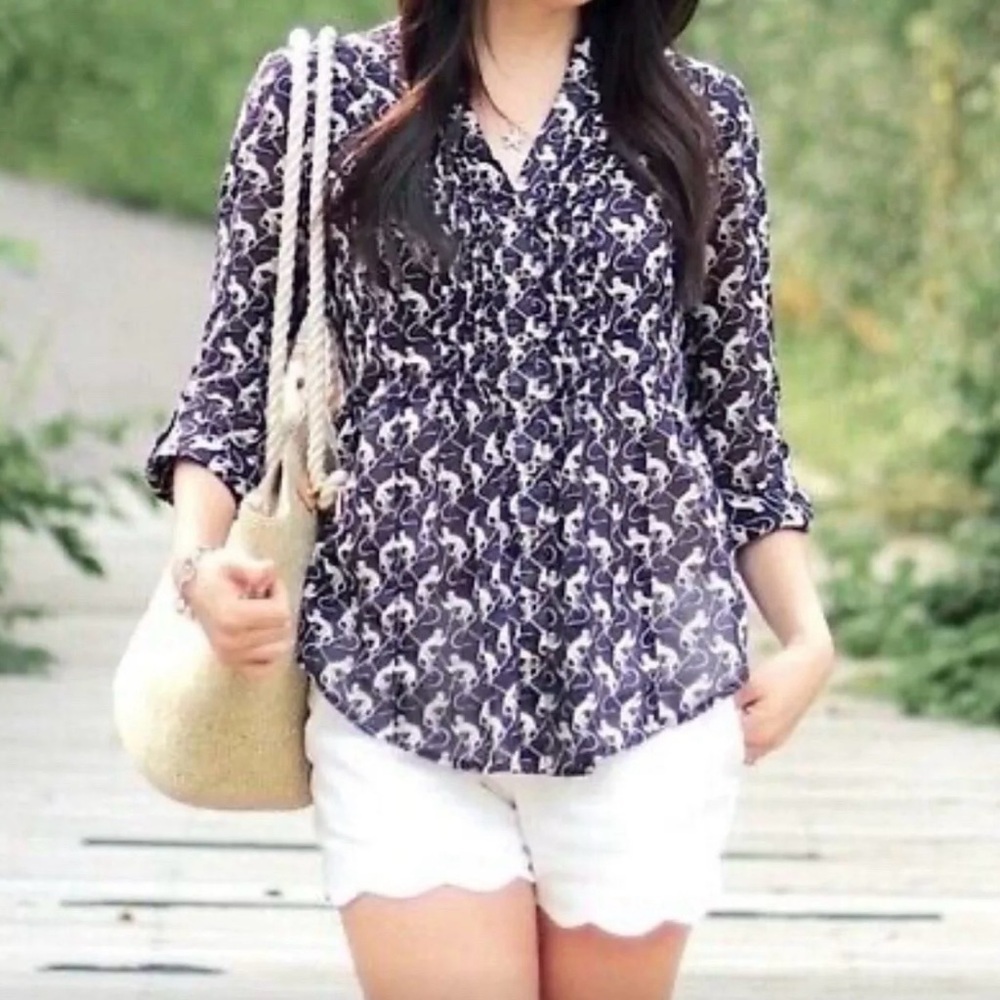 Anthropologie Maeve Popover Monkey Print Blouse Eggplant Purple & Beige
